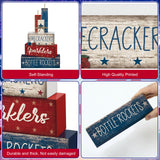 CroBlissful 4 Pcs Memorial Day Decorations Patriotic Tiered Tray Decorations 4th of July Table Sign Farmhouse Red White Blue Rustic Wood Block Stack Sign for Home Shelf Mantel(Firecrackers) CroBlissful