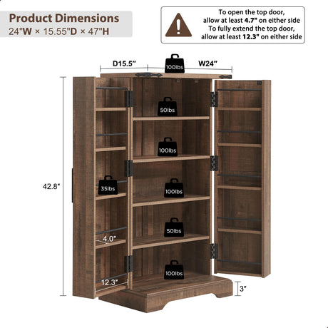 ACCOHOHO 47" Kitchen Pantry, Farmhouse Storage Cabinet with Barn Doors, Organizer and Adjustable Shelves, Rustic Wood Cupboard for Kitchen, Dining Room, Bathroom and Hallway, Rustic Brown ACCOHOHO