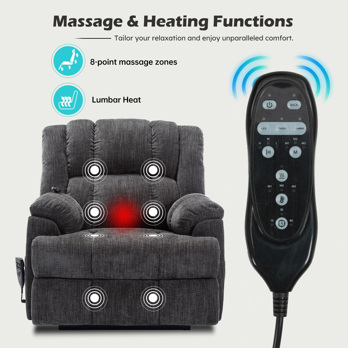 EZZUP Power Lift Chair with Vibration Massage Heat for Elderly People, Dual Motor Electric Lay Flat Recliner Chair with Power-Remote, Standing Assistance Reclining, Chenille Dark Gray EZZUP