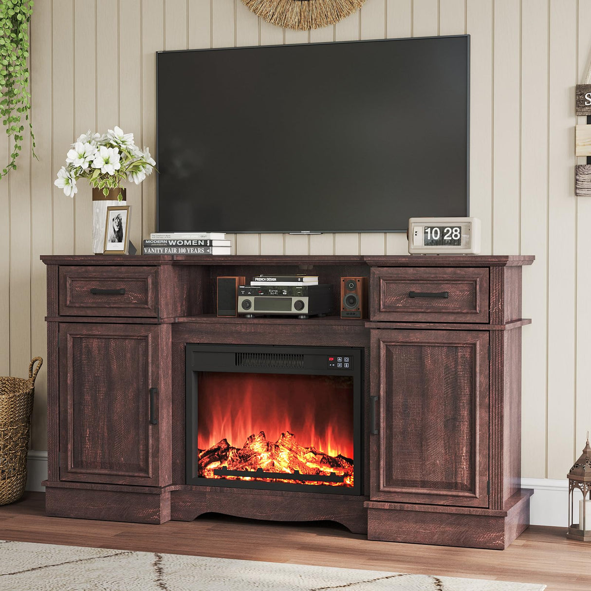 Maupvit Fireplace TV Stand for up to 65 inch TV, Entertainment Center with 23" Fireplace, Farmhouse TV Stands with Electric Fireplace, 2 Storage Cabinets, 2 Drawers for Living Room,Brown Maupvit