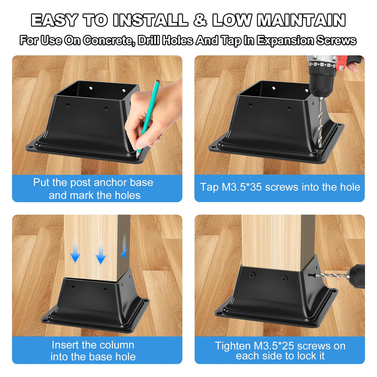 4x4 Post Base 4Pcs-Inner Size 3.5x3.5-Heavy Duty Metal Post Brackets-Deck Post Anchors-Solid Steel-Powder Coated-Wood Post Holder for Porch Handrail Railing Pergola Fence Pavilion-Support Deck Base Vlaeng