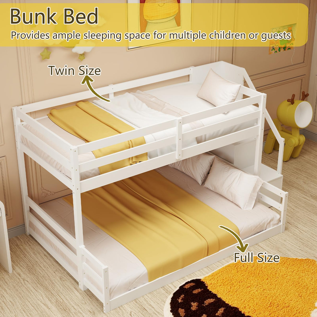 KOMFOTT Wood Twin Over Full Low Bunk Bed with Storage Staircase, Wooden Bunk Bed Frame with Full-Length Guardrails, Low Profile Bunk Bed with Slats Support, No Box Spring Needed (White) KOMFOTT