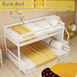 KOMFOTT Wood Twin Over Full Low Bunk Bed with Storage Staircase, Wooden Bunk Bed Frame with Full-Length Guardrails, Low Profile Bunk Bed with Slats Support, No Box Spring Needed (White) KOMFOTT