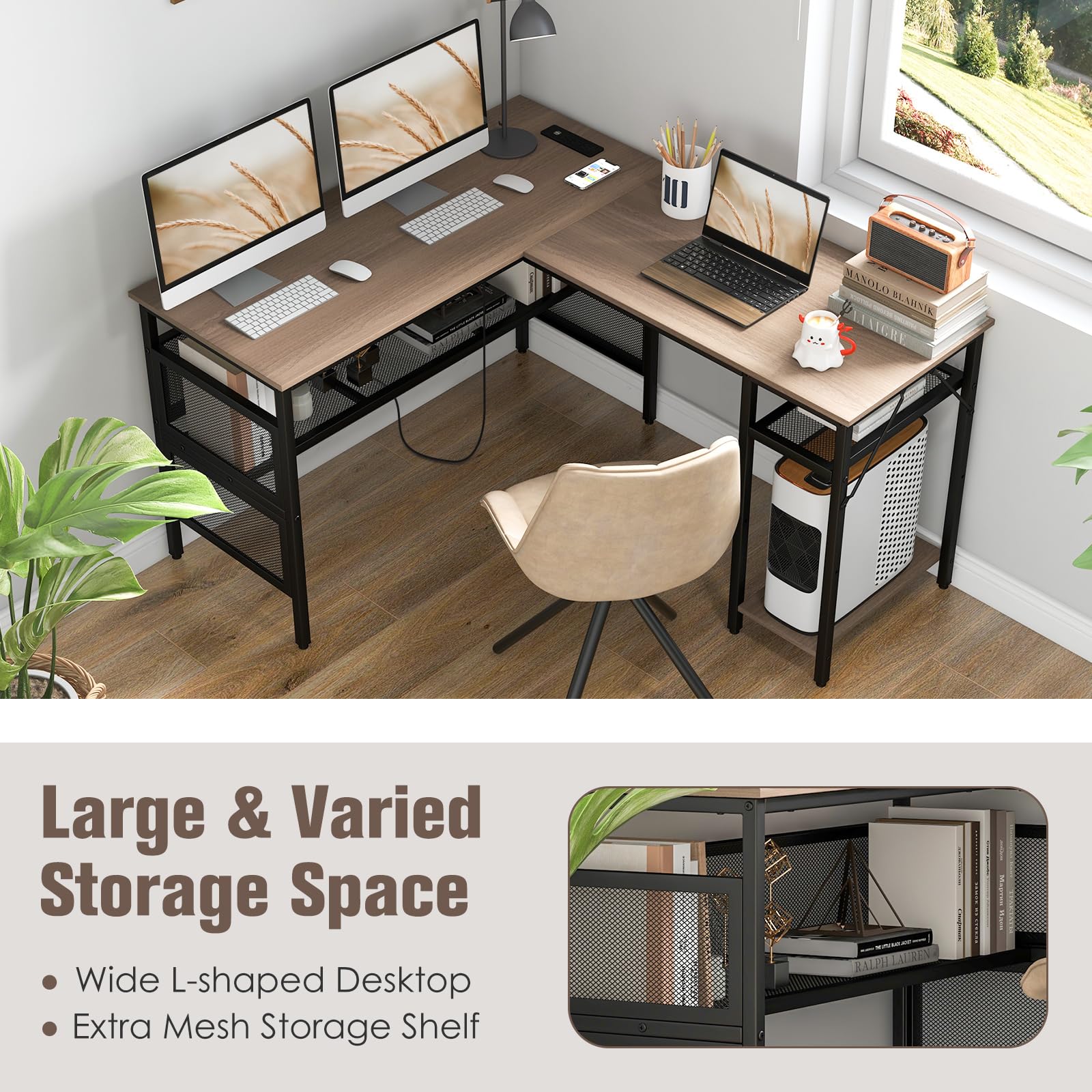 COSTWAY L Shaped Desk with Charging Station, 55” Reversible Corner Computer Desk with Mesh Storage Shelves, CPU Stand, 2 Person Gaming Desk Computer Workstation for Home Office - WoodArtSupply