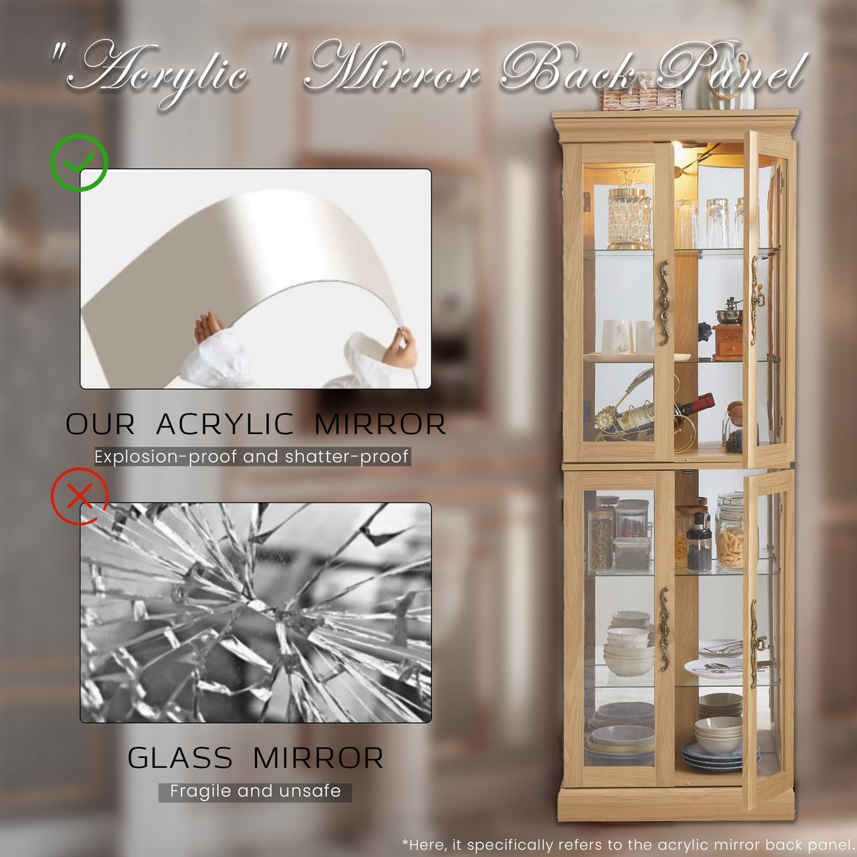 CKEASEAN Curio Cabinet 71" Lighted Glass Display Case, Wooden Wine Bar Cabinet with 6 Adjustable Shelves, Tempered Glass Doors, Light Bulb Included, Rack for Living Room Liquor Storage (Light Oak) CKEASEAN