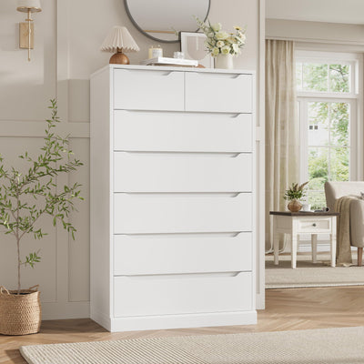 HITHOS 51" Tall 7 Drawers Dresser, Modern White Dresser, Wood Dressers & Chests of Drawers with Cut-Out Handles, Upright Drawer Chest, Accent Vertical Dressers for Living Room, White