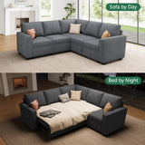 HONBAY Modular Sectional Sleeper Sofa with Pull Out Bed, Chenille L Shaped Couch with Storage Seats, Convertible Sectional Couches for Living Room, Bluish Grey HONBAY