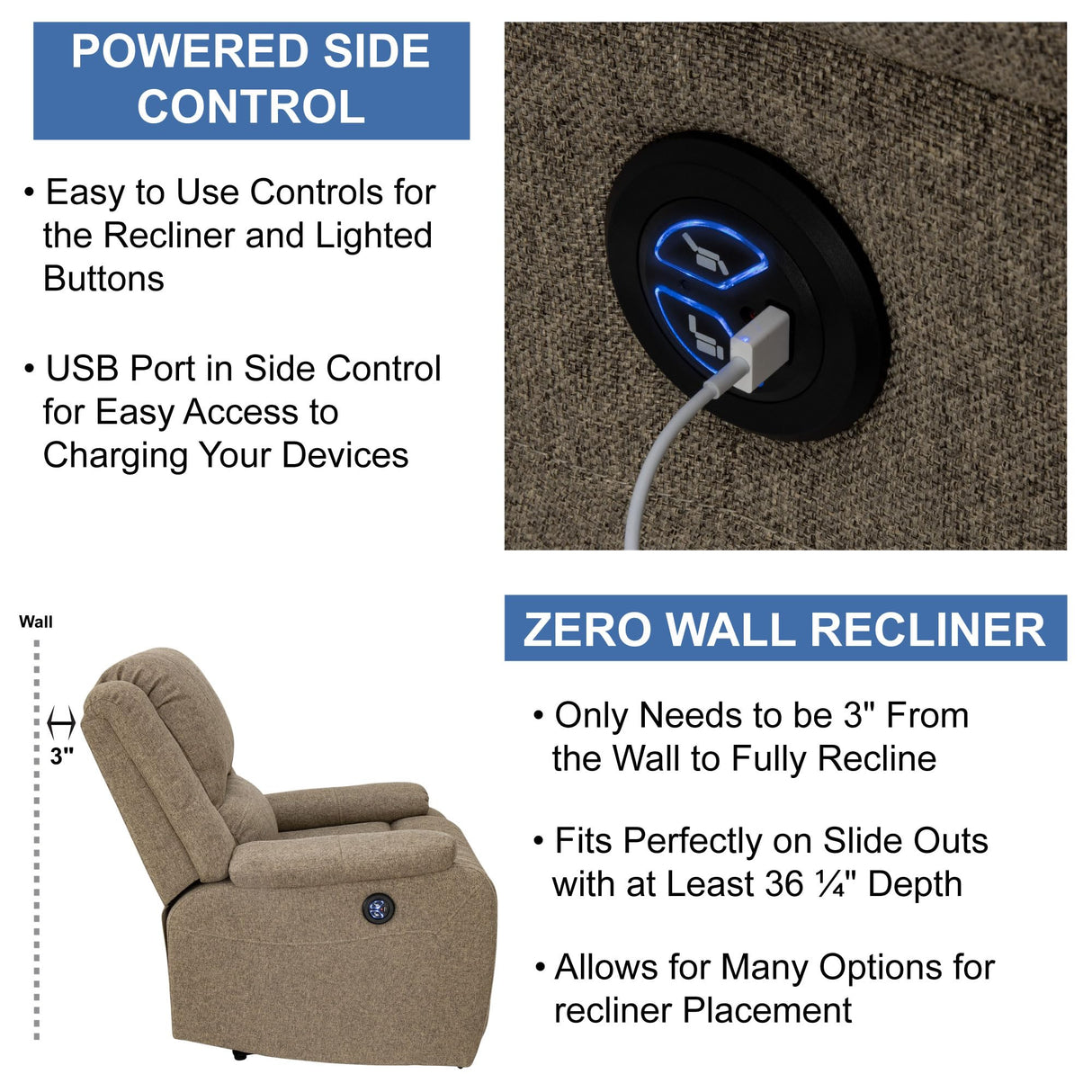 RecPro Charles Collection | 30" Powered Zero Wall RV Recliner | Wall Hugger Recliner | RV Living Room (Slideout) Chair | RV Furniture | RV Chair | Cloth (Oatmeal, 2 Chairs) RecPro