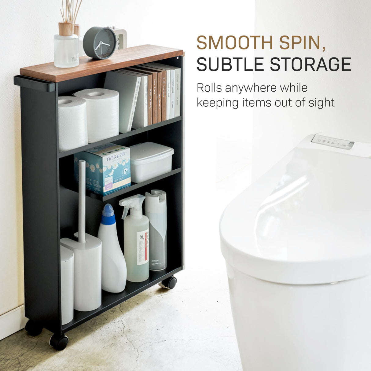 YAMAZAKI Home Slim Rolling Storage Cart – Narrow Bathroom Storage Cabinet with Handle, Slim Bathroom Storage Cart with Wheels, Easy Assembly, Steel + Wood, Black YAMAZAKI