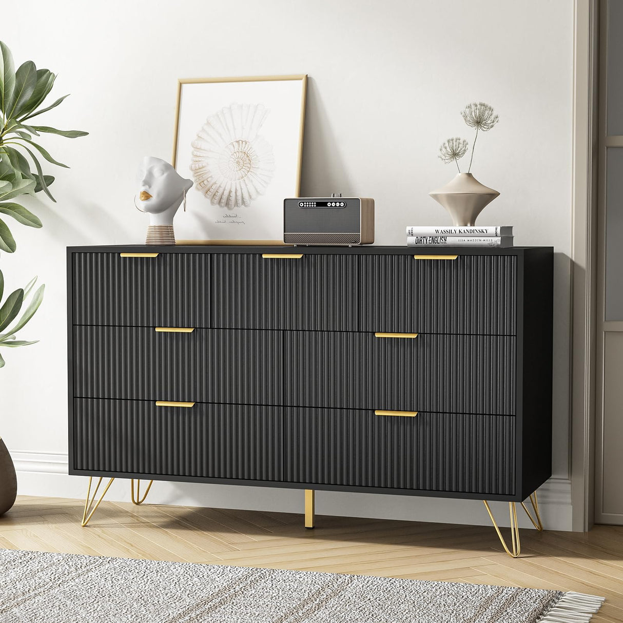 LYNSOM Dresser for Bedroom, Modern 7 Drawer Black Dresser with Metal Handles and Wide Drawer, Wood Chest of Drawers for Living Room LYNSOM