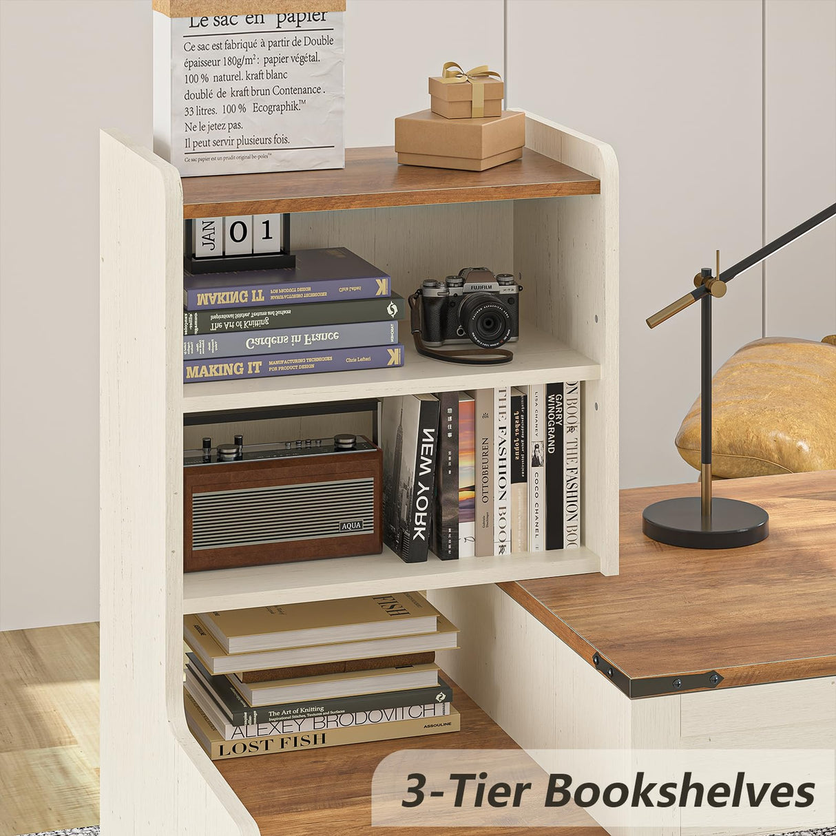 YOMILUVE Farmhouse Computer Desk with Drawers & Shelves, 60'' Home Office Desk with Bookshelf, Vanity Desk Writing Study Table with Storage, Antique White YOMILUVE