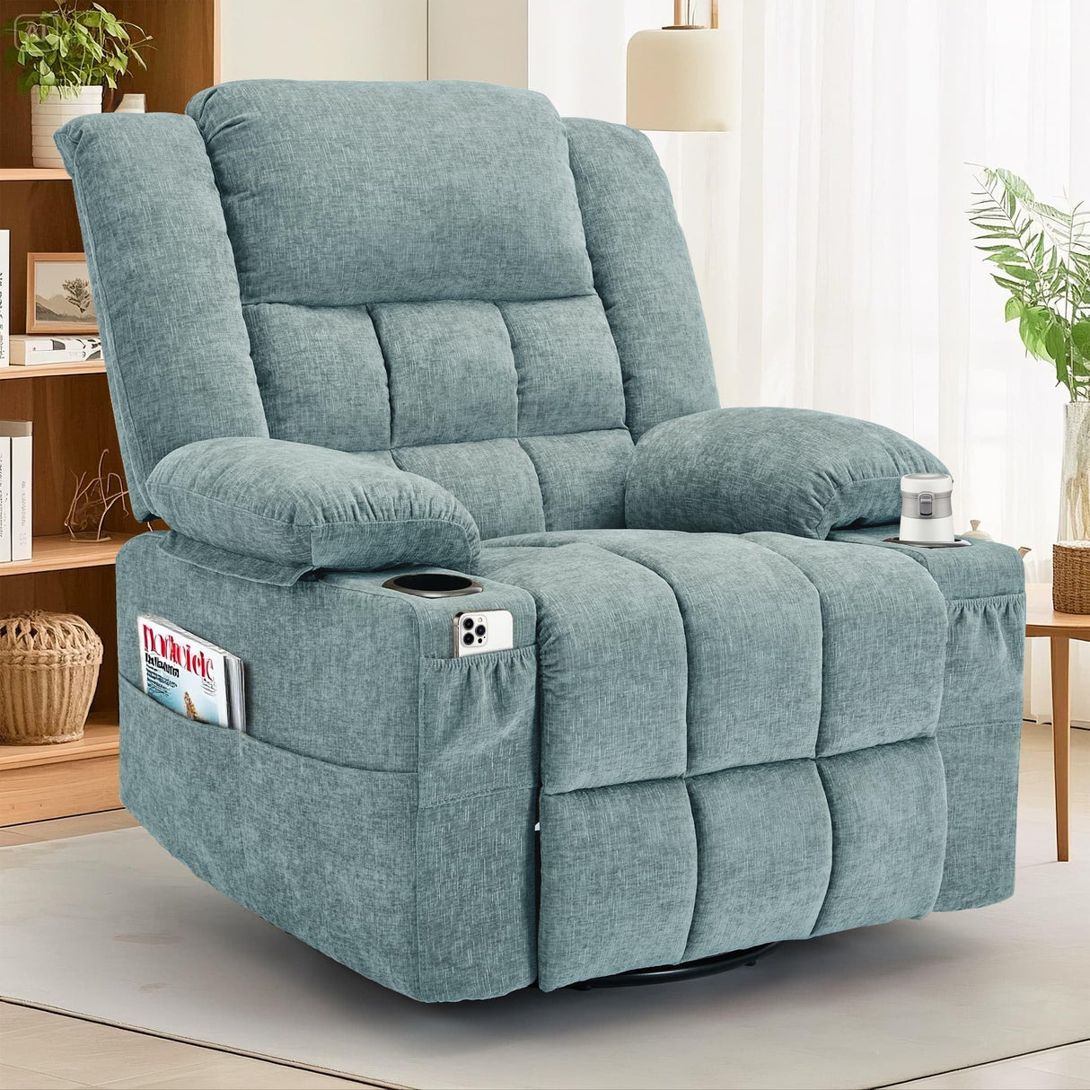 Korser Adult 360° Swivel Rocking Recliner, Baby Room Glider Recliner with Massage and Heating, Rocking Chair with Cup Holder, Living Room and Bedroom Manual Chair (Fabric, Lake Blue) Korser