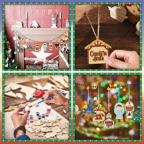 Cinnvoice 60 Pcs Wood Christmas Crafts for Adults DIY Paint Xmas Ornaments Blank Unfinished Wooden Cutouts Shapes Slices Hanging Embellishment for Christmas Tree Holiday Party Decor(Jesus Nativity) Cinnvoice