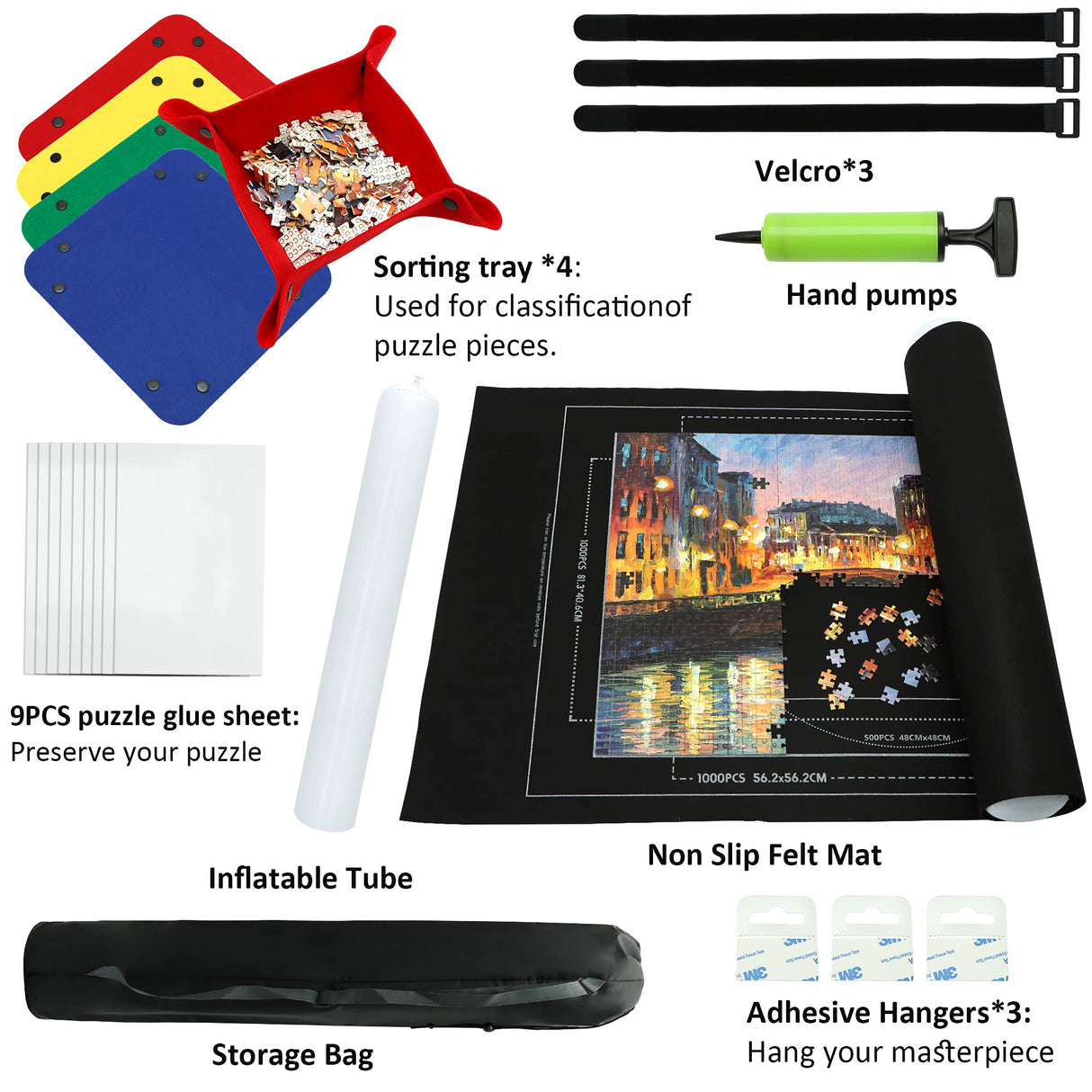 Portable Puzzle Mat Roll Up - with 9 Glue Sheets, Sorting Trays, Hand Pump, Inflatable Tube, and Storage Bag - Perfect for Kids and Adults (Black, 1500pcs) FELIZROCA