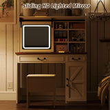 IRONCK Farmhouse Makeup Vanity Desk with Sliding Mirror and Lights,41" W Vanity Desk with Glass Tabletop&Charging Station &Drawers, Rustic Big Vanity Set for Bedroom, Stool Included, White/Walnut IRONCK