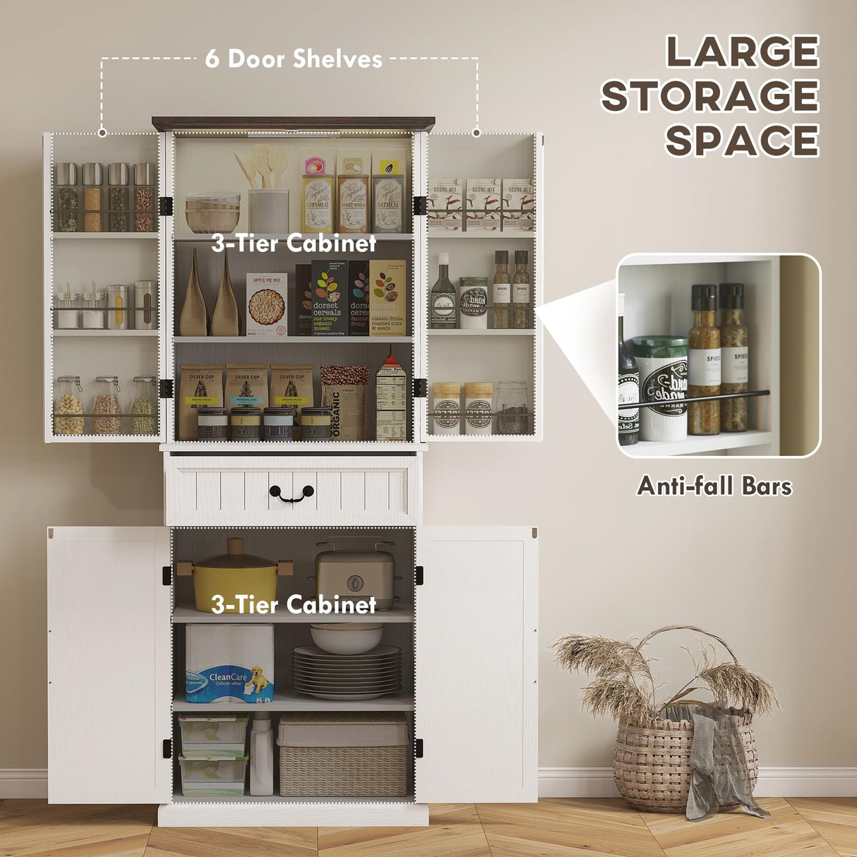 HOMCOM 71" LED Kitchen Pantry Cabinet, Farmhouse Tall Freestanding Storage Cabinet with Door Shelves, Adjustable Shelves and Drawer for Kitchen and Dining Room, Distressed White HOMCOM