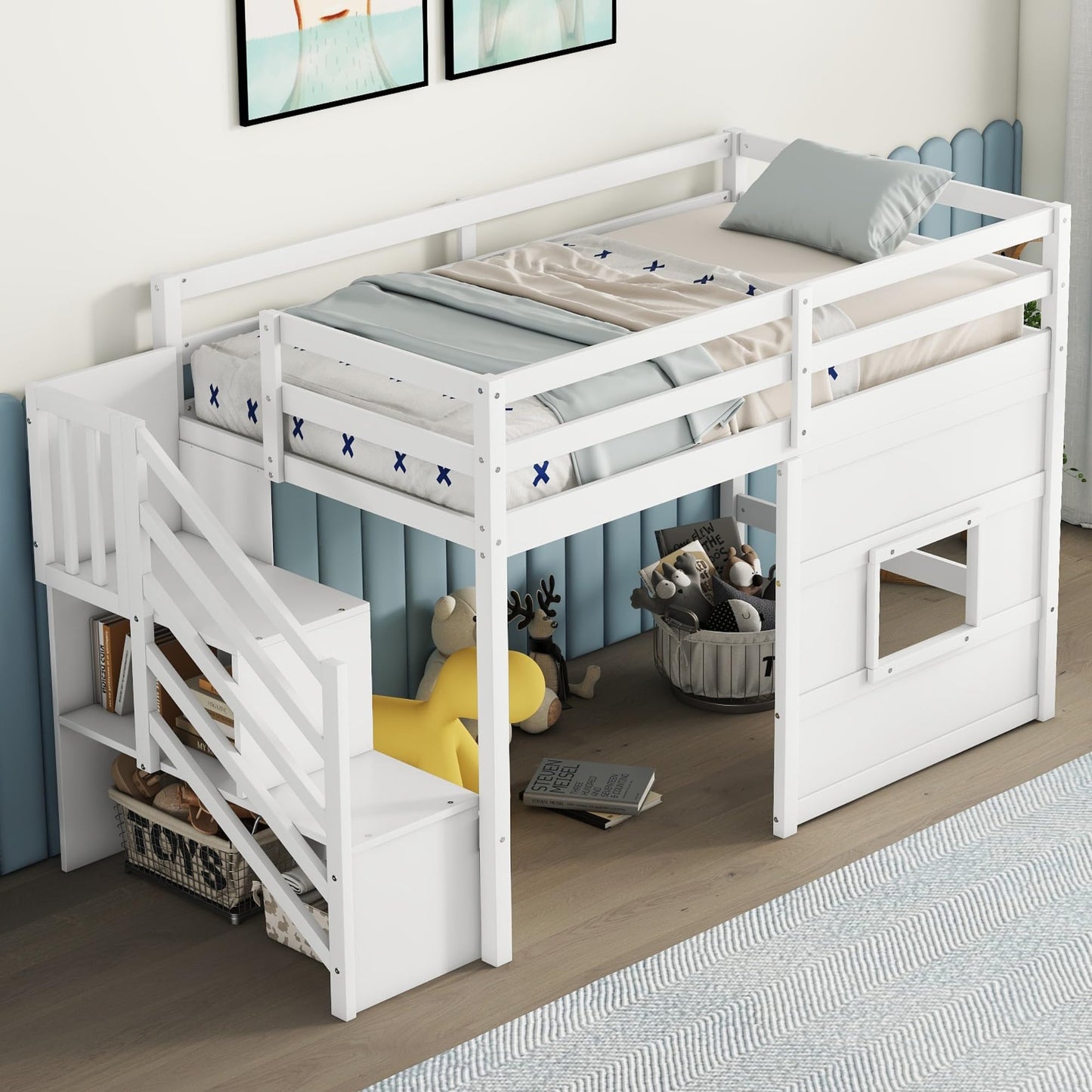 Harper & Bright Designs Twin Size Low Loft Bed with Playhouse and Storage Stairs in White - WoodArtSupply