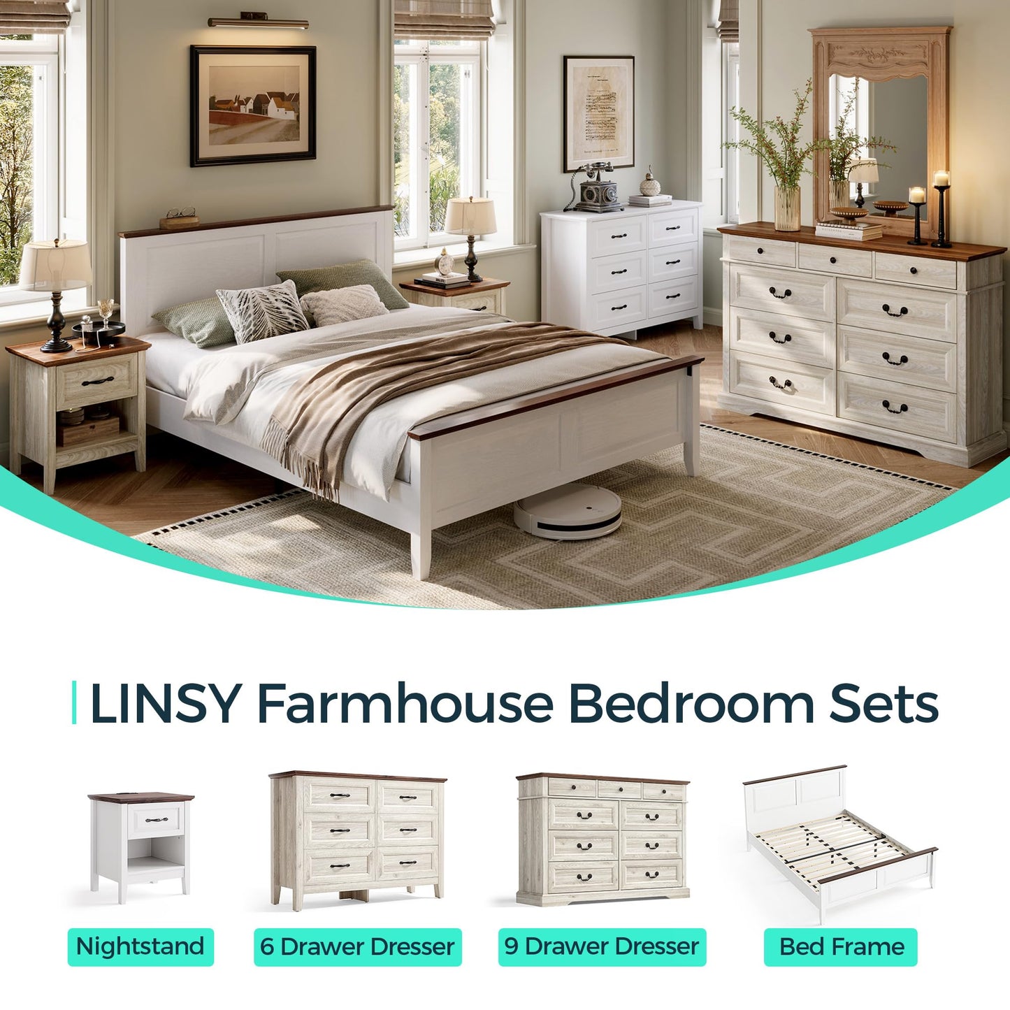 LINSY Wood Queen Bed Frame with Headboard, Farmhouse Bed Frame Queen Size with High Footboard, Wood Bed Fast Assembly, Noise-Free, No Box Spring Needed - White - WoodArtSupply