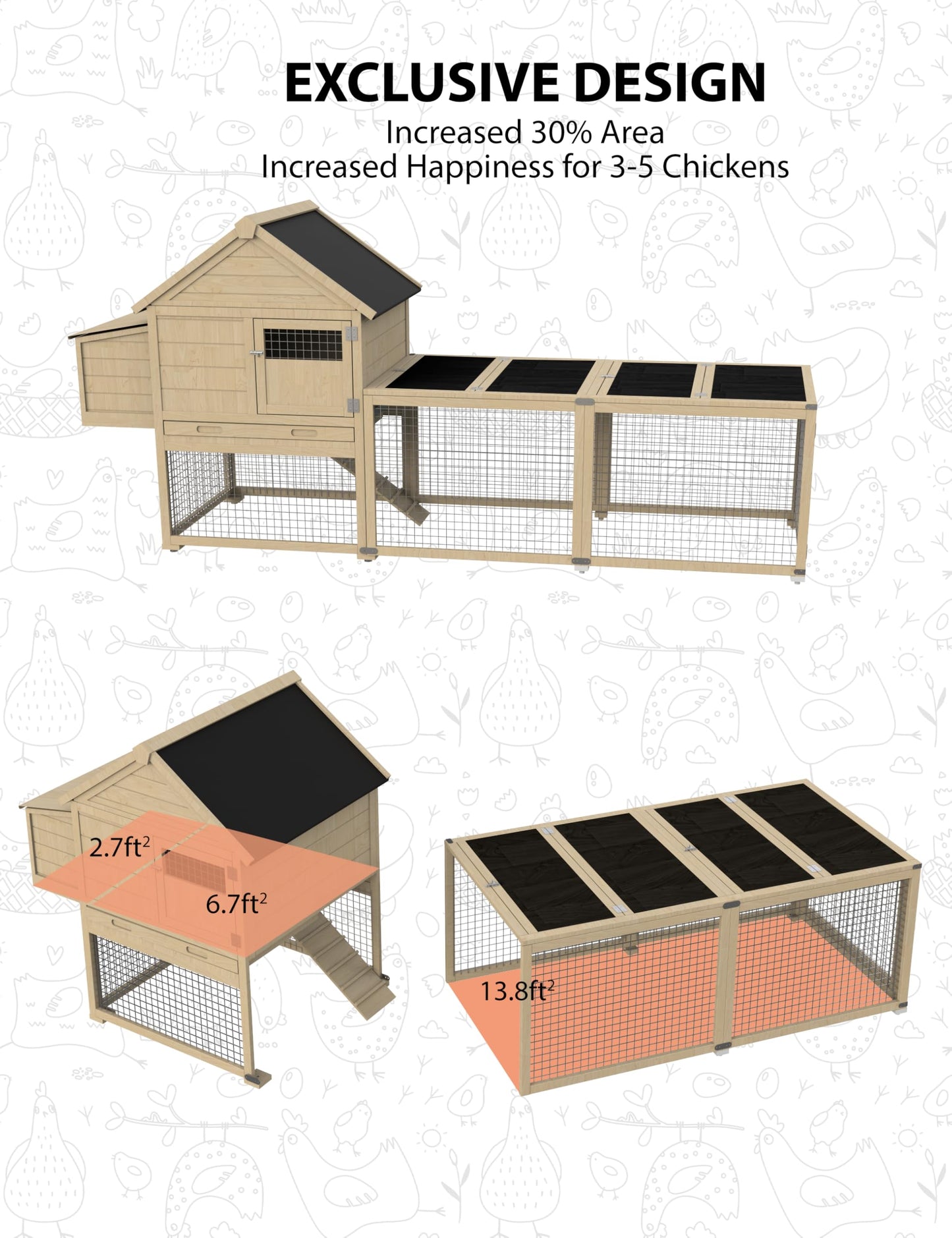 VerisShade Chicken Coop, Wooden Chicken Coop for 3-5 Chickens, 109in Outdoor Chicken Coop with Run, Waterproof Roof, Nesting Box, Pull Out Trays and Ramp, Wood Color