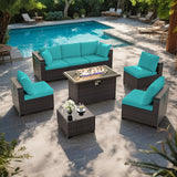 ALAULM 8 Pieces Outdoor Patio Furniture Set with Propane Fire Pit Table Outdoor Sectional Sofa Sets Patio Furniture 43" Gas Fire Pit Brown PE Rattan Patio Conversation Set w/6 Cushions (New Blue) ALAULM