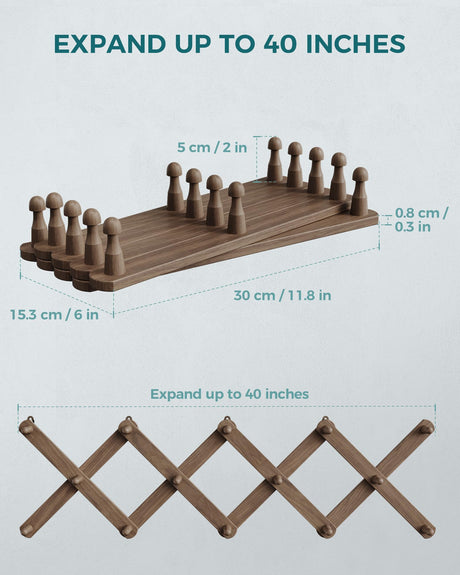 OROPY Wood Accordion Wall Hanger, Expandable Coat Rack Wall Mount with 14 Pegs, Expanding Hat Rack for Wall, X Shape, 27"×10", Walnut Color OROPY
