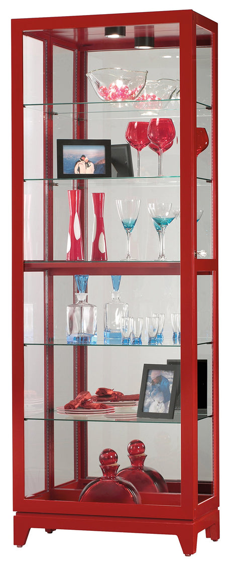Howard Miller Luke V Curio Cabinet – Gloss Red Lighted Glass Display Cabinet Two Way Sliding Locking Door Mirrored Back Adjustable Glass Shelves Key Holder for Contemporary Home Decor Howard Miller