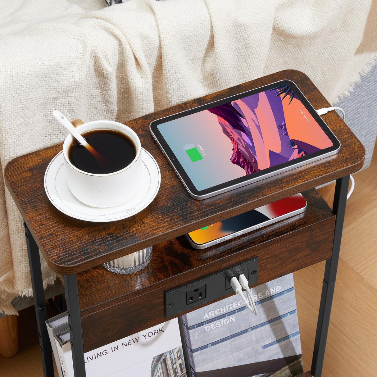 Narrow Side Table With Charging Station, 3-Tier End Table with 2 USB Ports & Power Outlets,Thin Sofa Side Table for Narrow and Small Spaces, Bedside Table Nightstand for Living Room/Rustic Brown YEAKOO