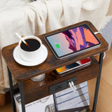 Narrow Side Table With Charging Station, 3-Tier End Table with 2 USB Ports & Power Outlets,Thin Sofa Side Table for Narrow and Small Spaces, Bedside Table Nightstand for Living Room/Rustic Brown YEAKOO