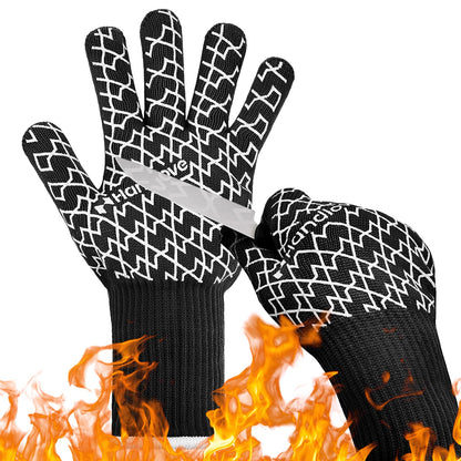 HandLove BBQ Gloves - Heat Resistant Grilling, Oven Gloves for Culinary Experts - Extreme Fireproof Protection, Silicone Grip, Long Cuff Mitts - Kitchen & Outdoor Barbecue, Cooking, Baking, Black, L