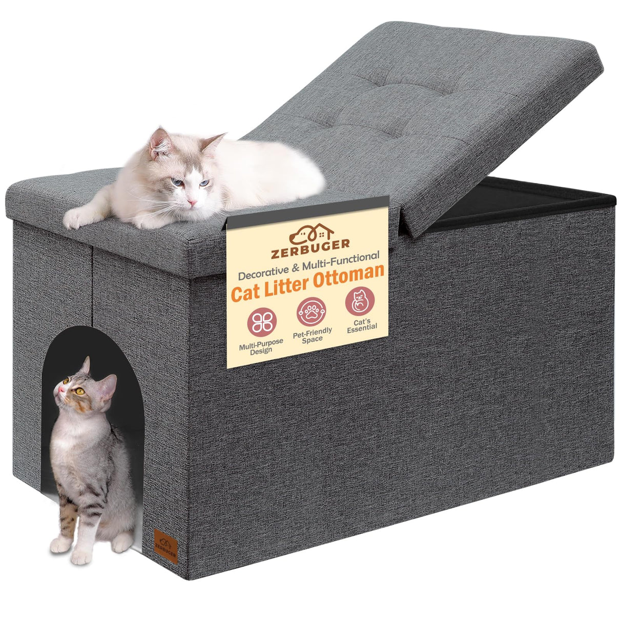 Zerbuger Cat Litter Box Enclosure Furniture for Odor Control, Hidden Cabinet Cats Litter Ottoman with Flip-Up Lid,Cat Litter Box Bench with Storage Space, Dog Proof(Grey, Large) Zerbuger