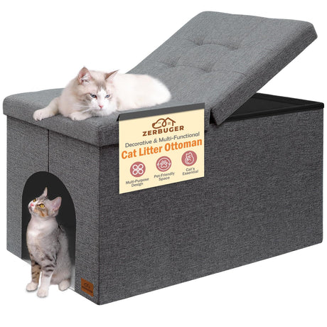 Zerbuger Cat Litter Box Enclosure Furniture for Odor Control, Hidden Cabinet Cats Litter Ottoman with Flip-Up Lid,Cat Litter Box Bench with Storage Space, Dog Proof(Grey, Large) Zerbuger