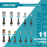 LIBRATON 16" Rivet Nut Tool, Rivet Nut Gun, Hand Rivet Nut Setter with 110PCS Rivet Nuts, 11PCS Metric & SAE Interchangeable Mandrels and Carrying Case, Easy Replace LIBRATON