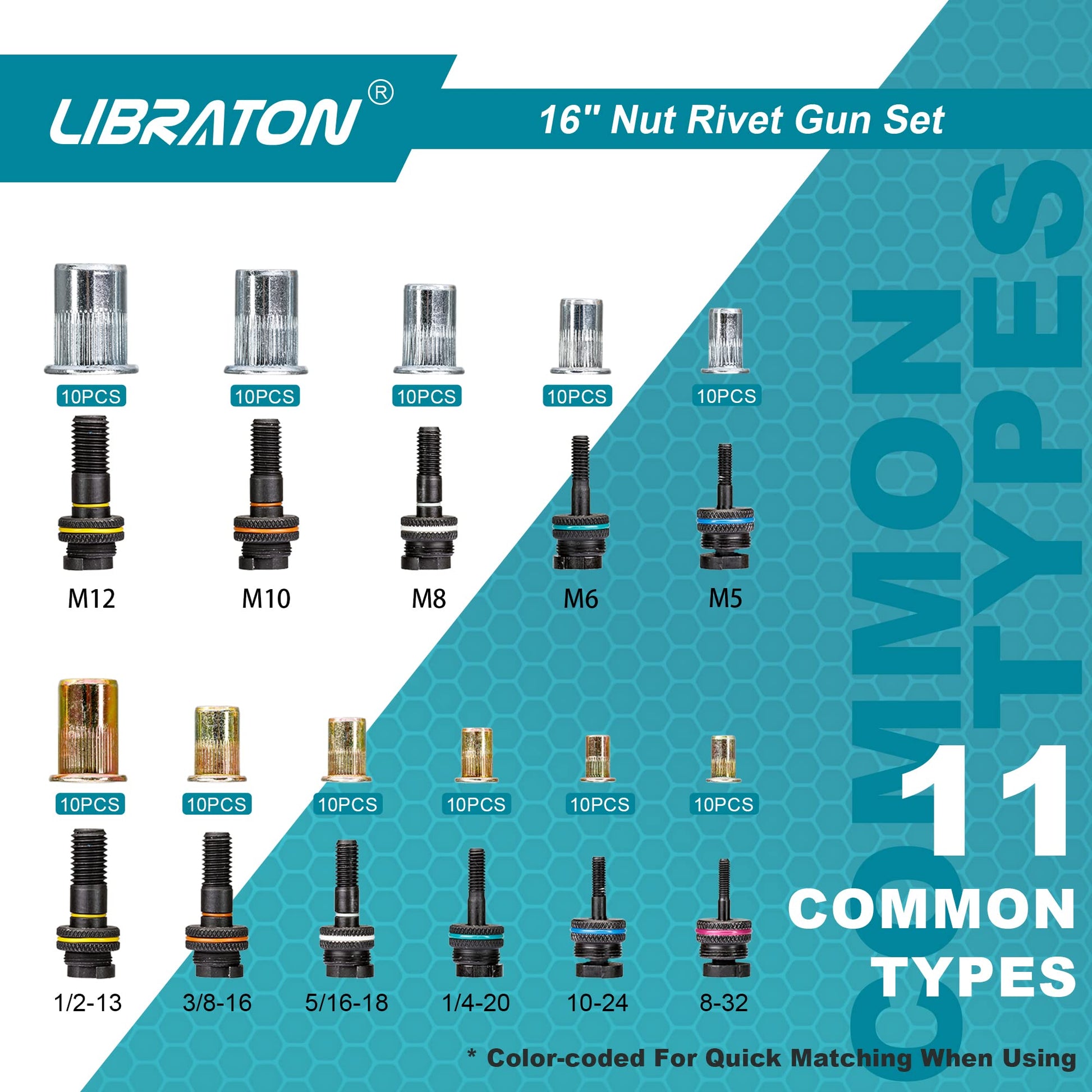 LIBRATON 16" Rivet Nut Tool, Rivet Nut Gun, Hand Rivet Nut Setter with 110PCS Rivet Nuts, 11PCS Metric & SAE Interchangeable Mandrels and Carrying Case, Easy Replace - WoodArtSupply