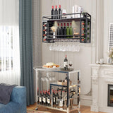 Ceiling Wine Glass Rack - Wine Rack Wall Mounted with Glass Holder, 2 Layer Industrial Hanging Wine Bottle Holder with LED, Wine Storage Display Shelf for Home Bar Dining Room Kitchen (Black, 47.2in) KEPMOGOH