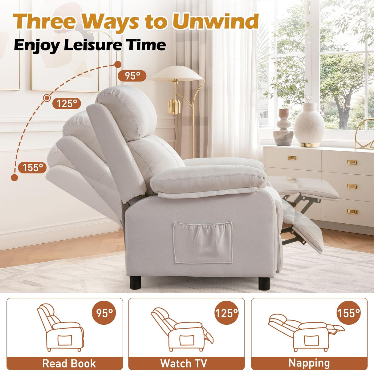 Korser Recliner Chair for Adults, Padded Deep Seat Reading Chair with Side Pockets, Small Recliners for Small Spaces, Adjustable Chair for Living Room, Bedroom, and RV (Linen) Korser