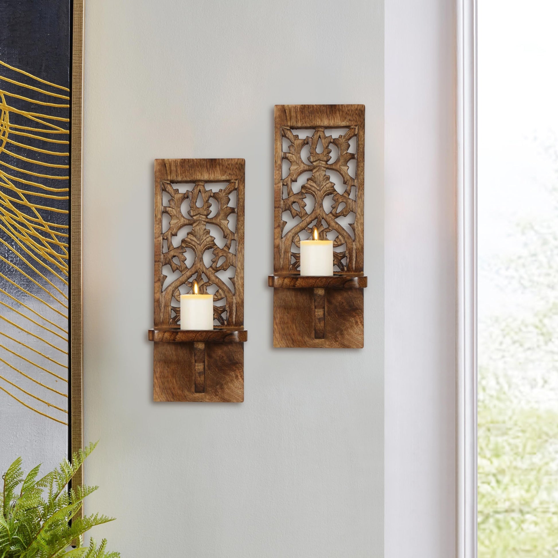 Wall Mount Rustic Candle Scones Set of 2, Wooden Candle Holders, Floating Shelves Pillar Candle Sconce, Hanging Shelf Farmhouse Wall Décor for Living Room Bedroom Bedroom - 16 Inch - Antique  - WoodArtSupply