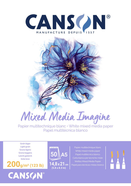 Canson Imagine Mixed Media 200gsm Paper, Natural White, A5 pad Including 50 Sheets Canson