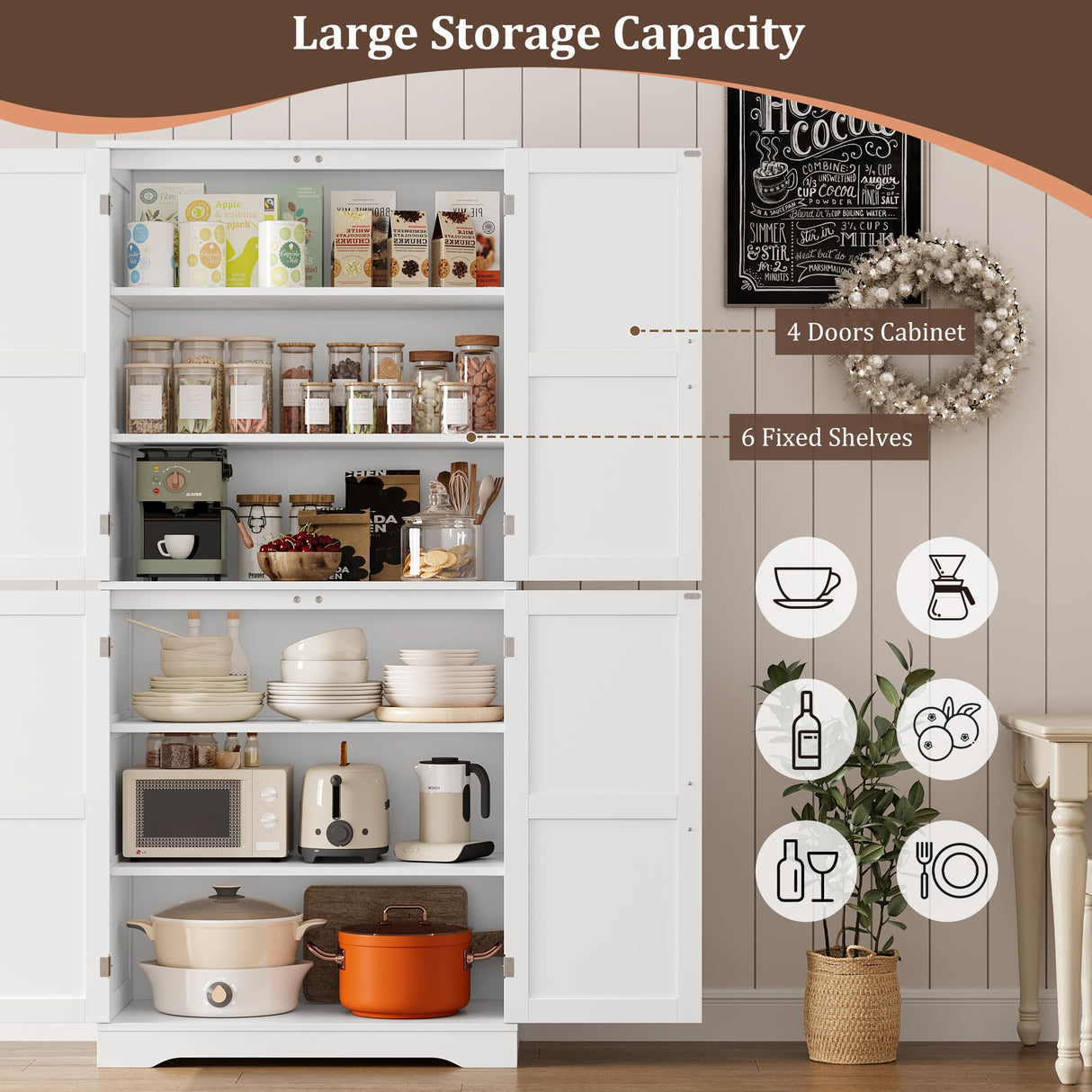 HITHOS 71.3" Tall Kitchen Pantry Storage Cabinet, Modern Hutch Cabinet with Storage Shelves, Food Pantry Cabinet with Storage & Silver Handle, Freestanding Cupboard for Dining Room, Living Room, White HITHOS