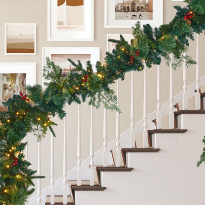 9 Ft Christmas Garland with Lights - Realistic Prelit Christmas Garland with Pine Cones Red Berries Xmas Garland for Fireplace Railing Door Home Christmas Decorations Indoor (Battery NOT Included)