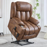 EZZUP Lay Flat Lift Recliner Chair with Massage & Heat for Elderly People, Electric Power Lift Chair with Dual Motor, Cup Holders and 2 Remote Controls, Breathable Faux Leather Brown EZZUP