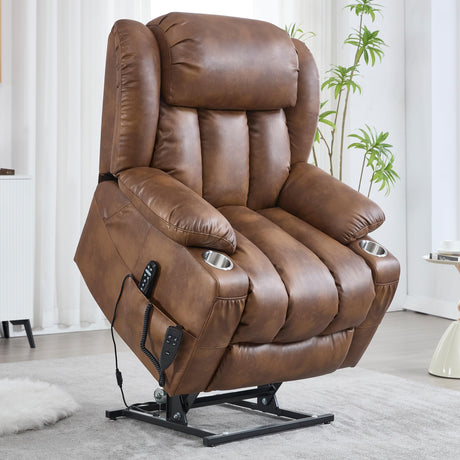 EZZUP Lay Flat Lift Recliner Chair with Massage & Heat for Elderly People, Electric Power Lift Chair with Dual Motor, Cup Holders and 2 Remote Controls, Breathable Faux Leather Brown EZZUP