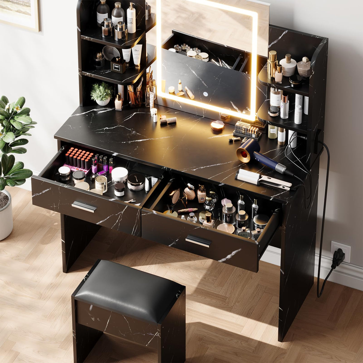 Vanity Desk with Lighted Mirror, Makeup Vanity Set with Power Outlet, Cushioned Stool, Vanity Table with 6 Storage Shelves, 2 Large Drawers and 3 Color Light Adjustable Brightness, Marble Black Patikuin