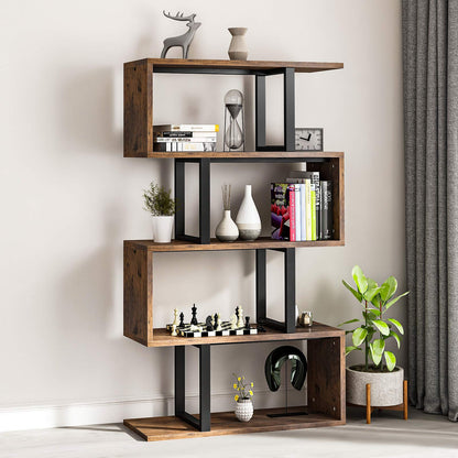 YITAHOME 5-Tier Bookshelf, S-Shaped Z-Shelf Bookshelves and Bookcase, Industrial Freestanding Multifunctional Decorative Storage Shelving for Living Room Home Office, Retro Brown