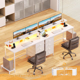 Furologee Computer Desk with 4 Fabric Drawers, 47in Gaming Desk with Power Outlets and LED Lights, Home Office Desk with Full Monitor Stand and Shelf, Study Writing Desk for Bedroom, White Furologee