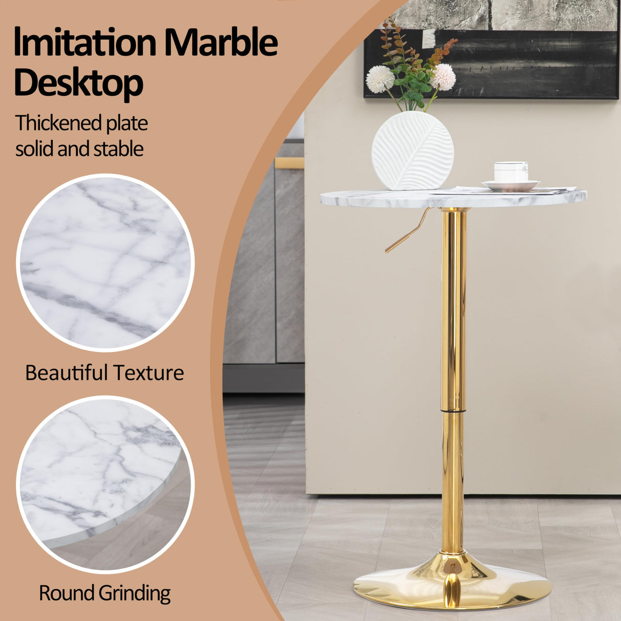 Finnhomy 24'' Round Cocktail Bar Table with Metal Base, Tall Bistro Pub Table, Adjustable 27.9''-35.4'' Counter Bar Height for Kitchen, Dining Room, Living Room, Easy Assembly, Gold Finnhomy