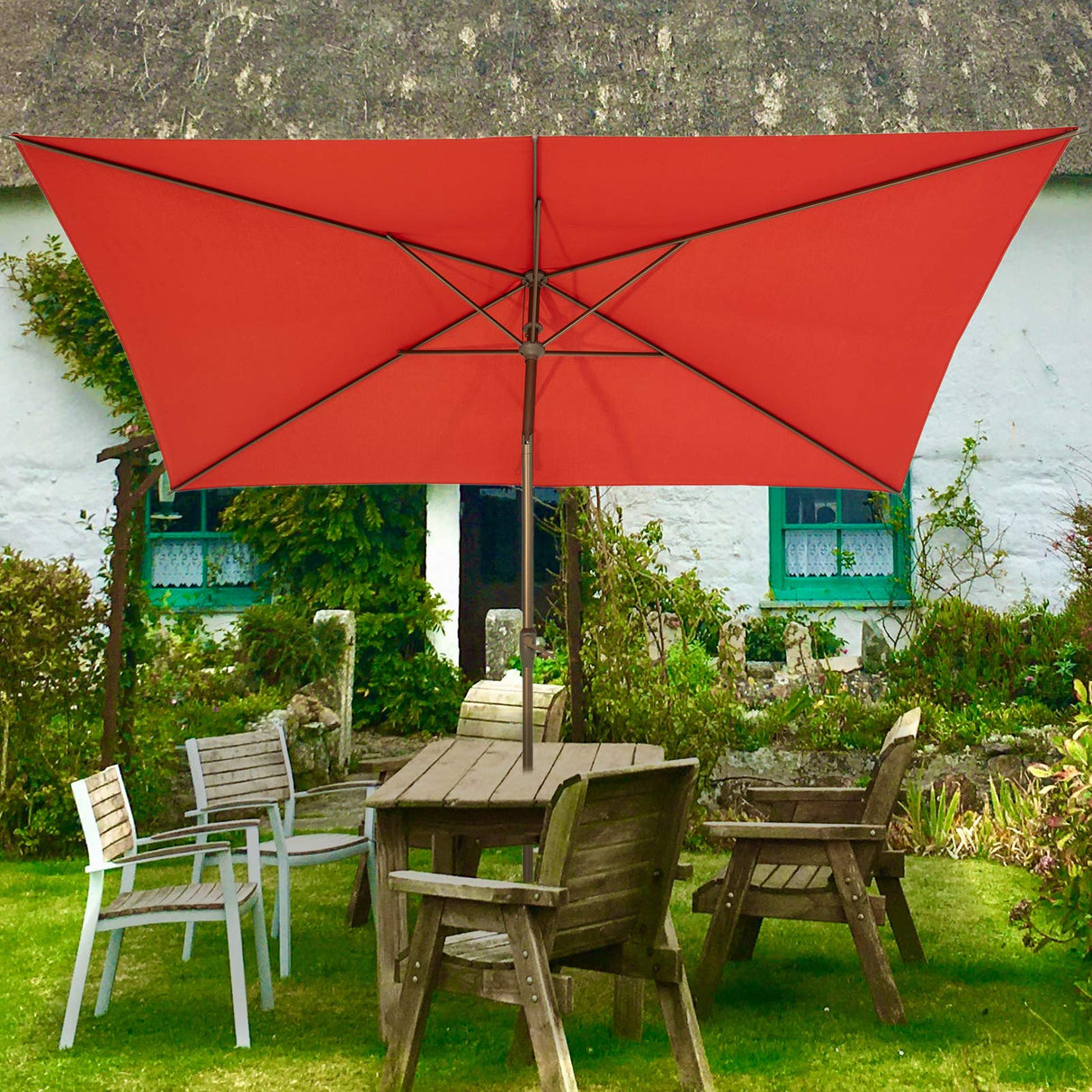 Ogrmar 6.5x10ft Patio Umbrella Rectangular Outdoor Table Umbrella with Crank & Push Button Tilt for Terrace, Backyard, Garden, Courtyard, Swimming Pool, Lawn (Tan) Ogrmar