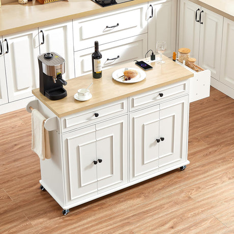 ONBRILL 58" Mobile Kitchen Island, Kitchen Island Cart with Power Outlet, Island Table for Kitchen, Home Bar Carts with Storage, Kitchen Rolling Island with Spice Rack & Towel Rack & Knife Holder ONBRILL