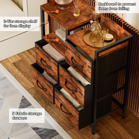 Furnulem 5 Drawer Rustic Brown Dressers for Bedroom 2 Tier Shelf Storage Small Fabric Dresser for Closet Sturdy Metal Frame Modern Style Storage Cabinets Organization Units for Hallway Rooms Furnulem