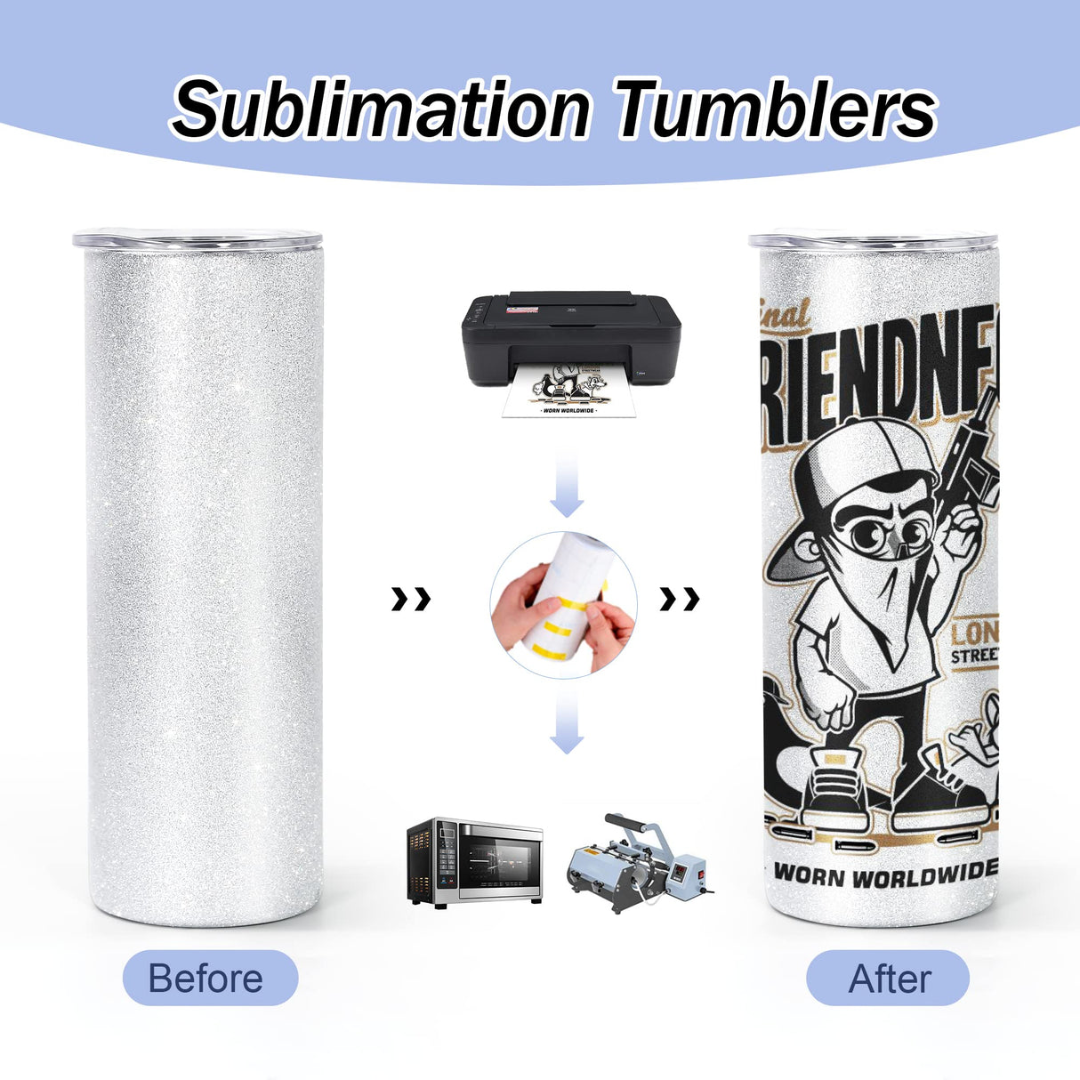 AGH 4PCS Sublimation Glitter Tumblers 20 oz Skinny Straight White 20oz Blanks Stainless Steel Cup with Lid & Metal Straw & Shrink Wrap & Brush AGH