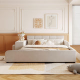 Merax Queens Size Velvet Bed Frames Upholstered Grounded Bed, Wooden Mother & Child Bed with Bedside Desk and Little Round Stool,Kids Adults Bedroom Floor Platform Bed,Beige Merax